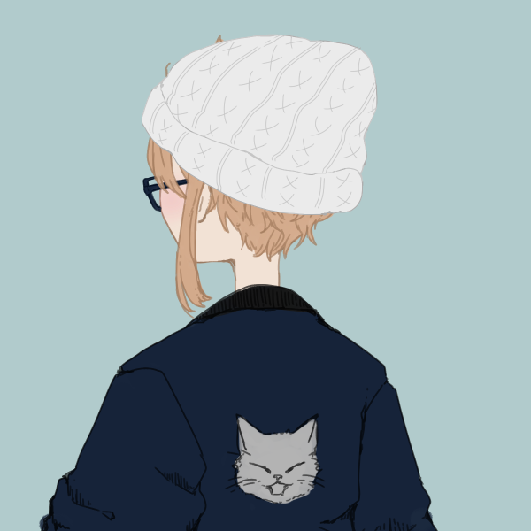 An image of a person with short blonde hair facing away from the camera. They are wearing a white beanie, dark blue glasses, and a navy jacket with a white cat face on the back.